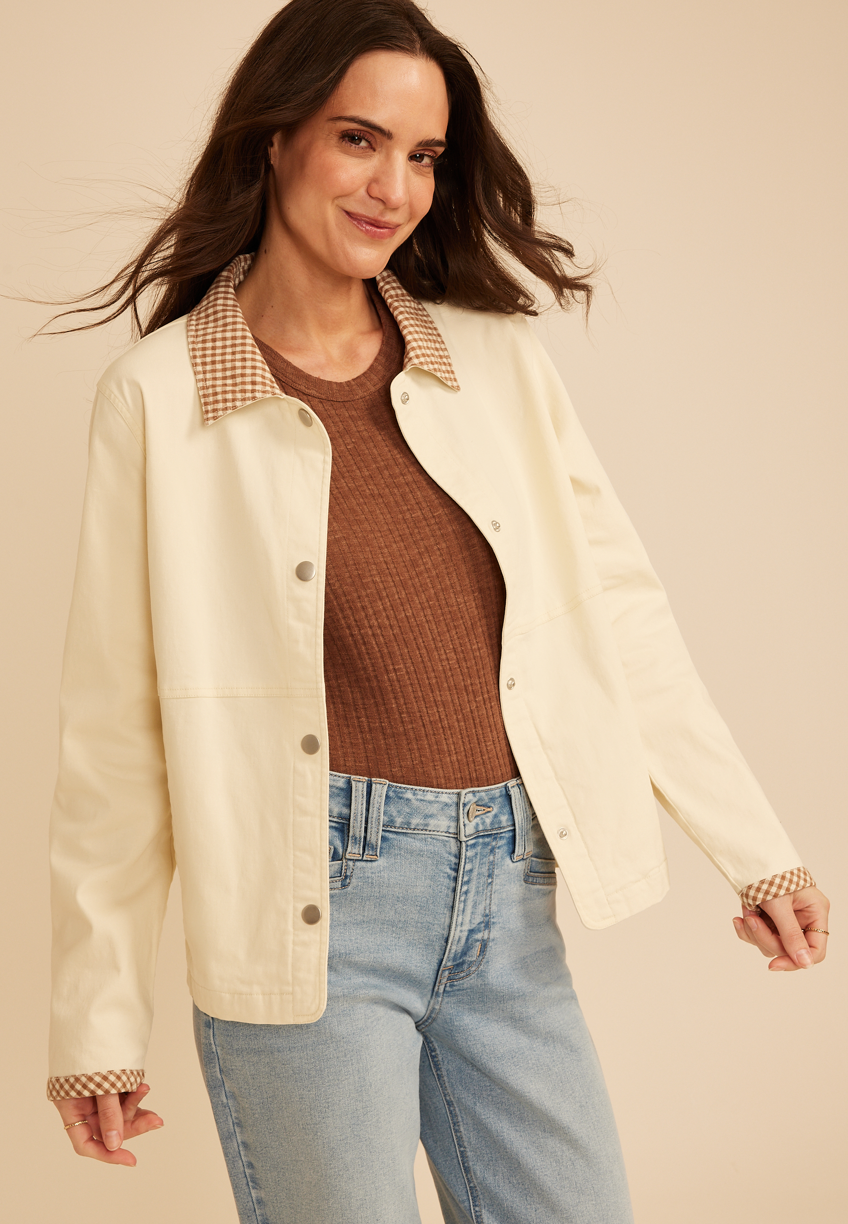 Gingham Collar Twill Jacket, C4563, large