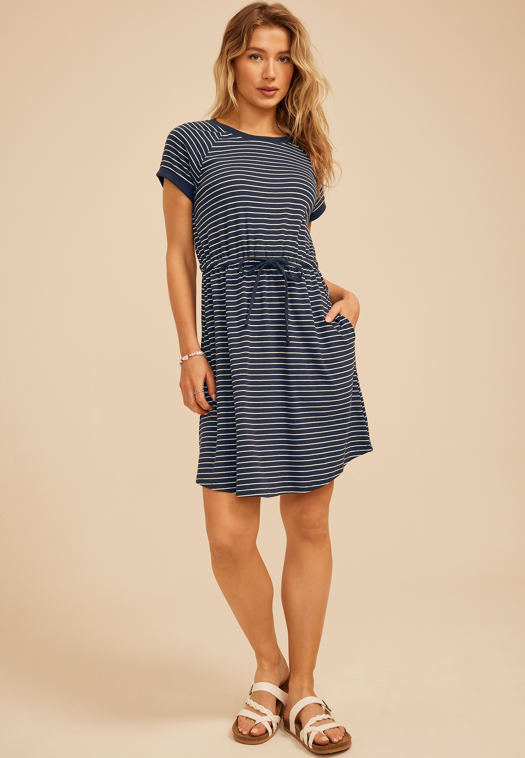 24/7 Striped Tie Waist Mini Dress