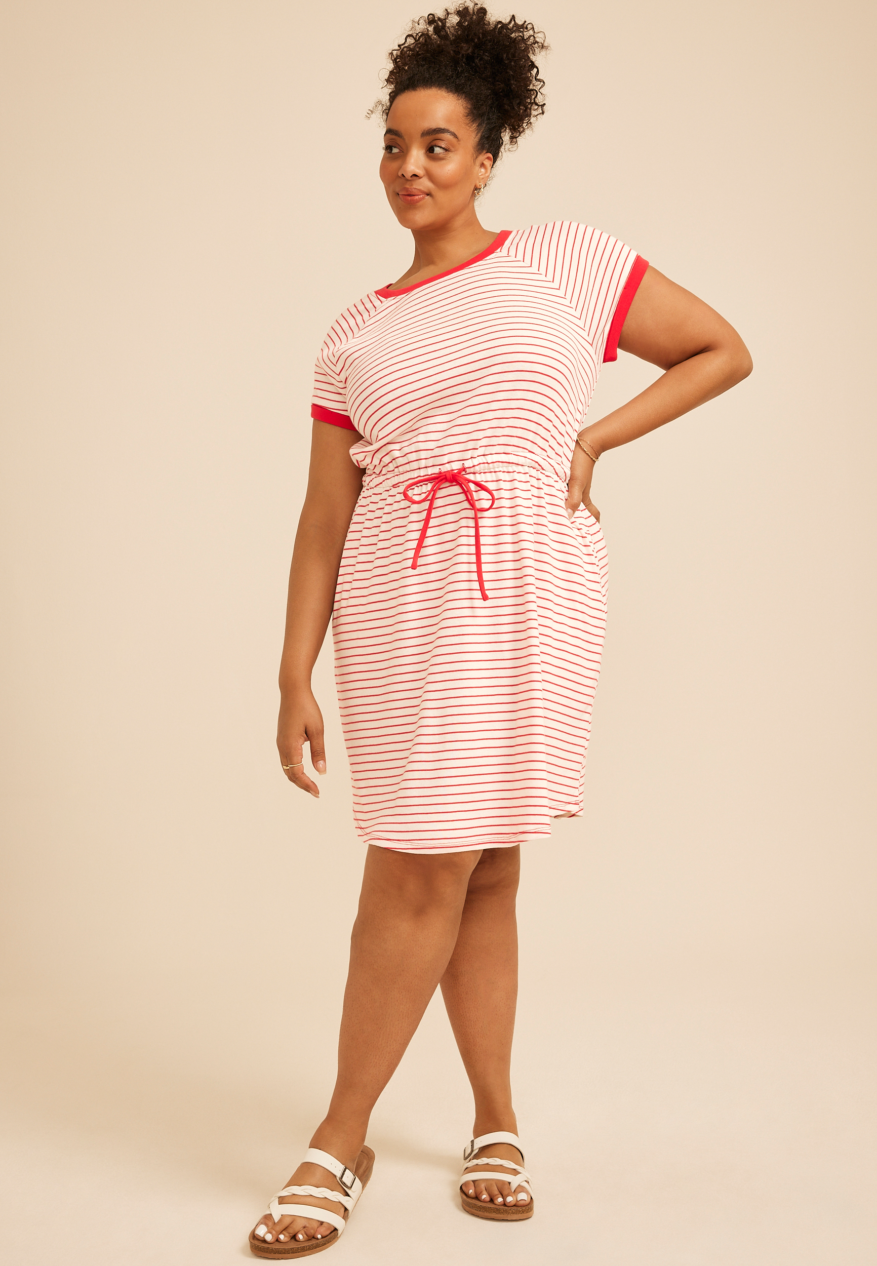 Plus Size 24/7 Striped Tie Waist Mini Dress