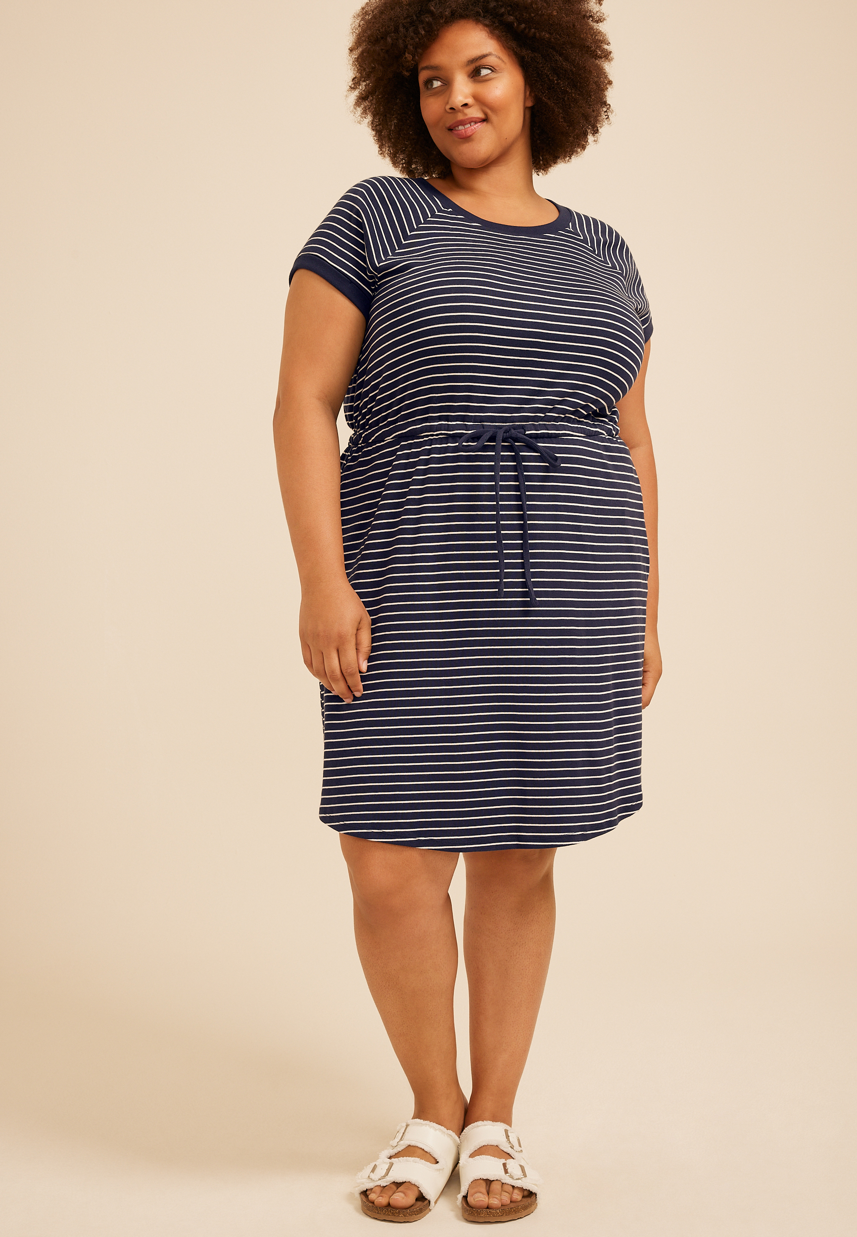 Plus Size 24/7 Striped Tie Waist Mini Dress