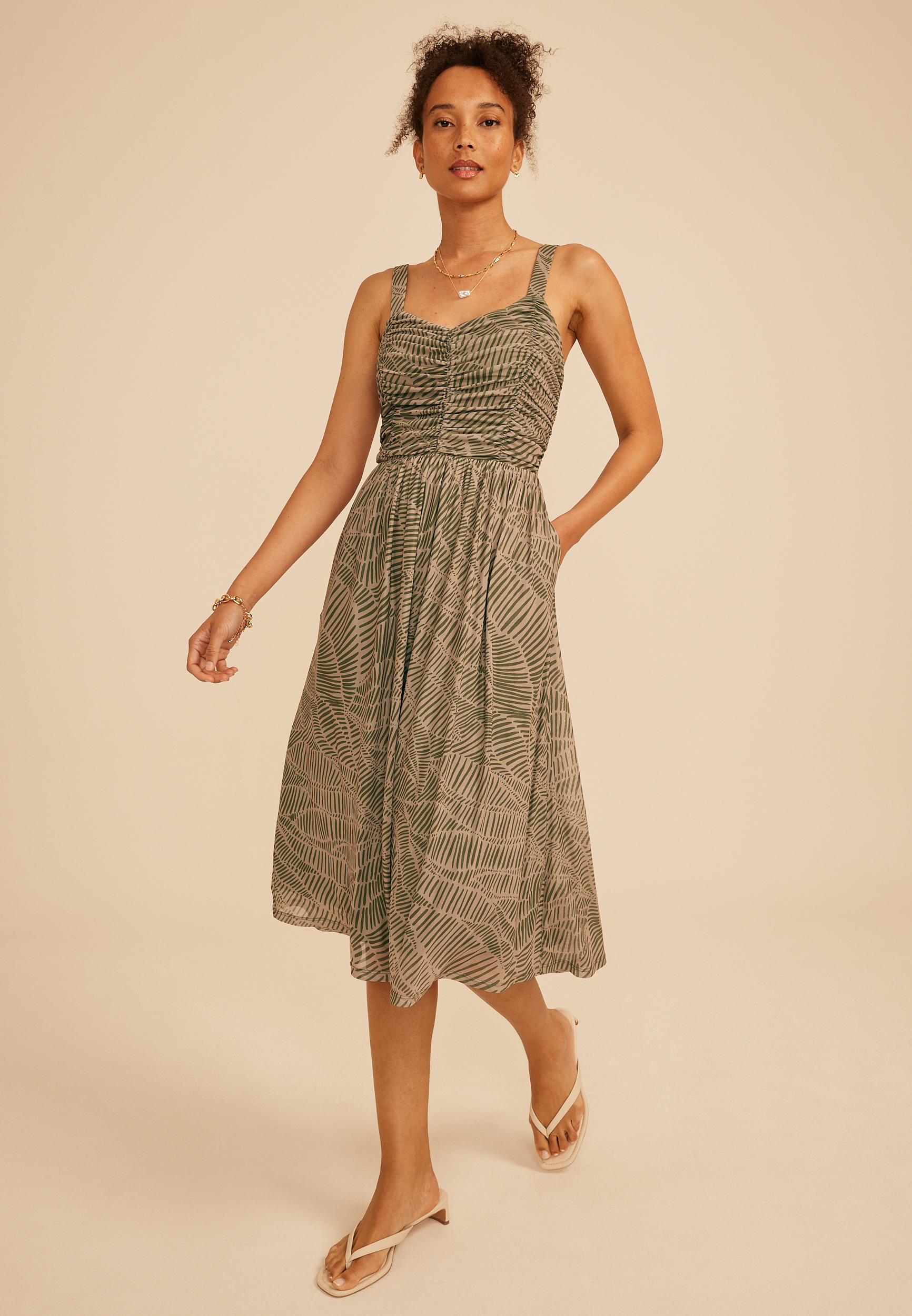 Bare Ruched Sweetheart Printed Mesh Midi Dress