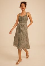 Bare Ruched Sweetheart Printed Mesh Midi Dress, C7722, small