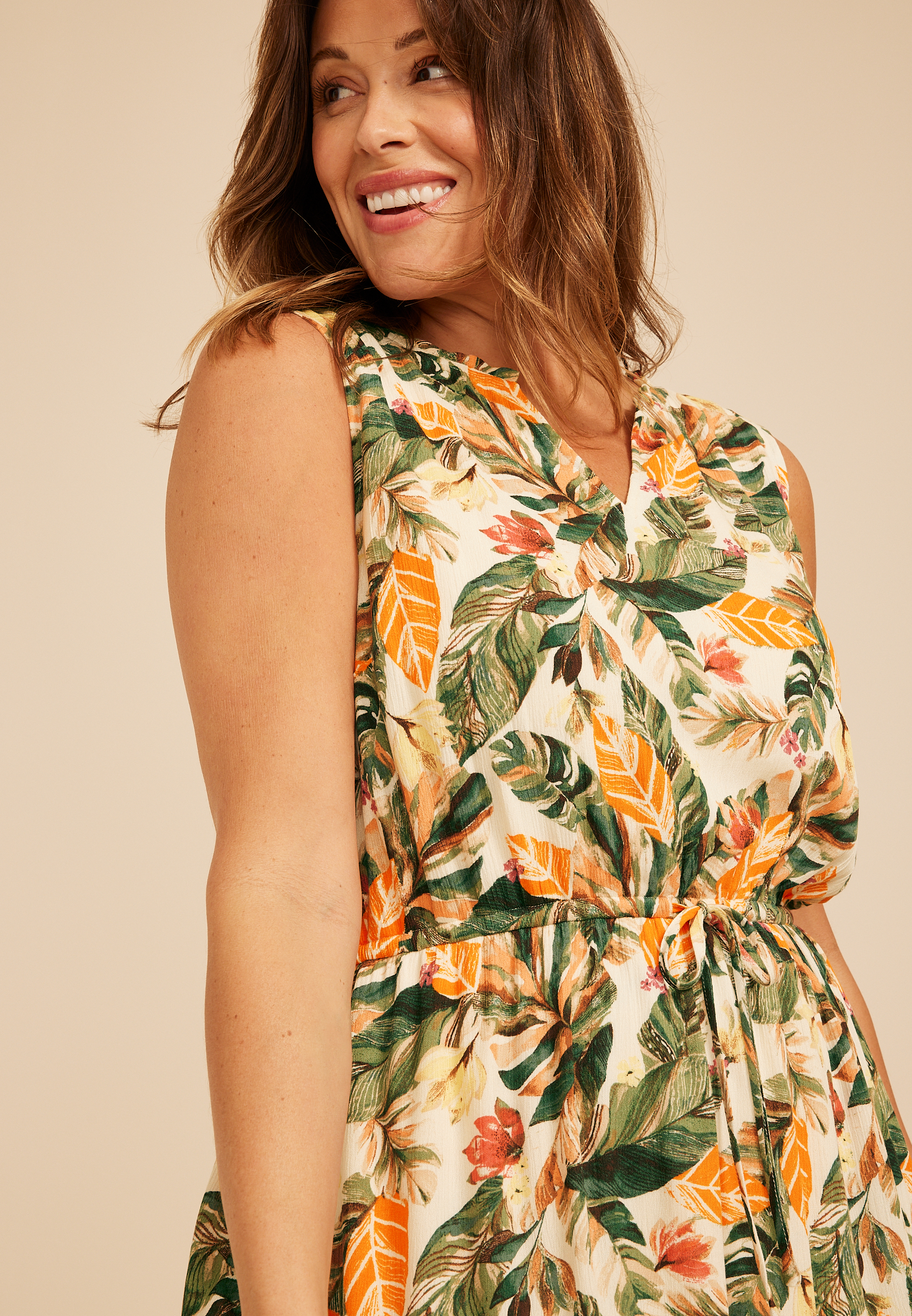 Plus Size Bare Tropical Print Notch Neck Dress, GARDENIA COMBO, large