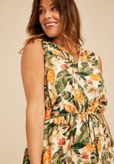 Plus Size Bare Tropical Print Notch Neck Dress, GARDENIA COMBO, small