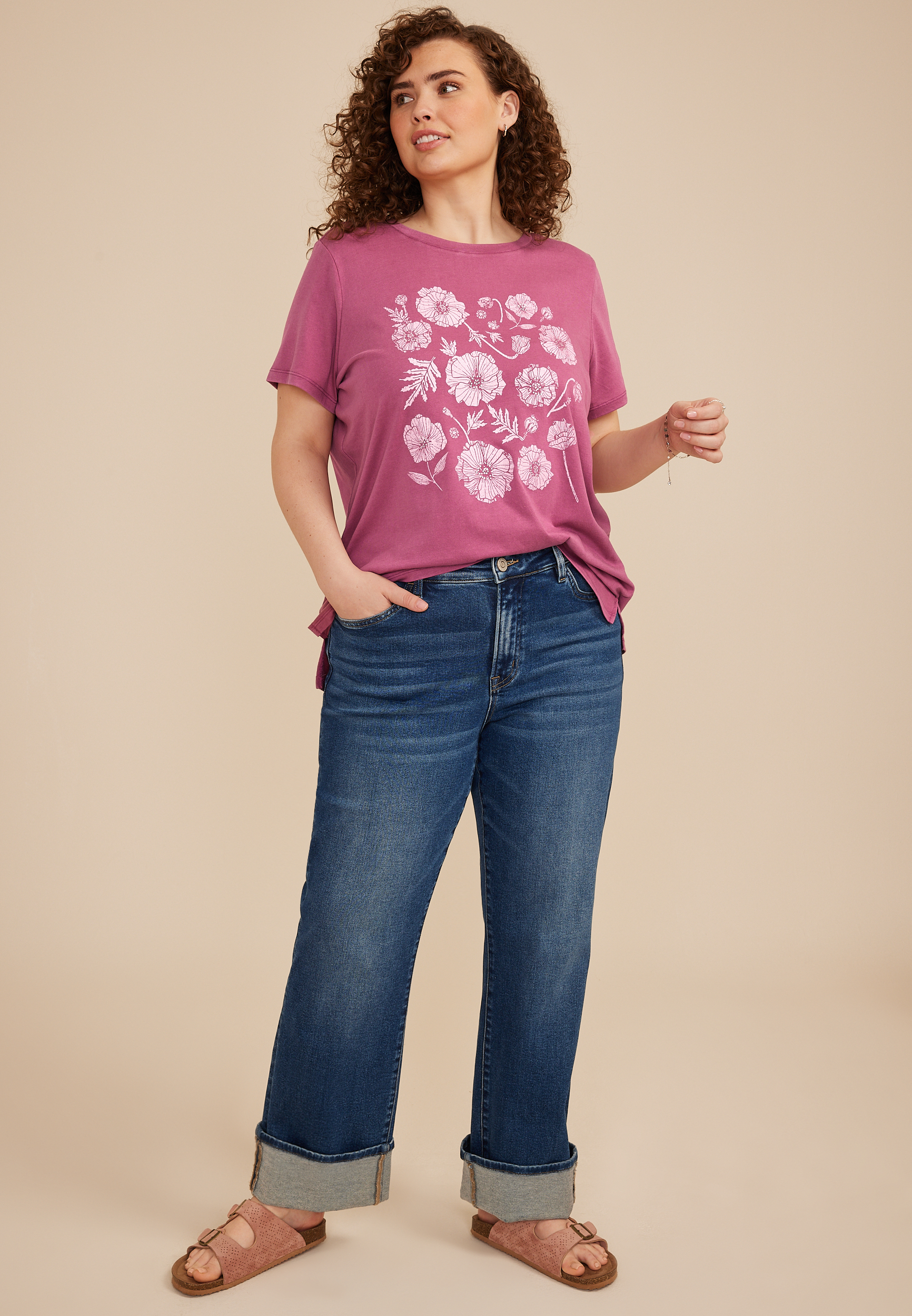 Plus Size Rhinestone Floral Classic Fit Graphic Tee, C4867, large