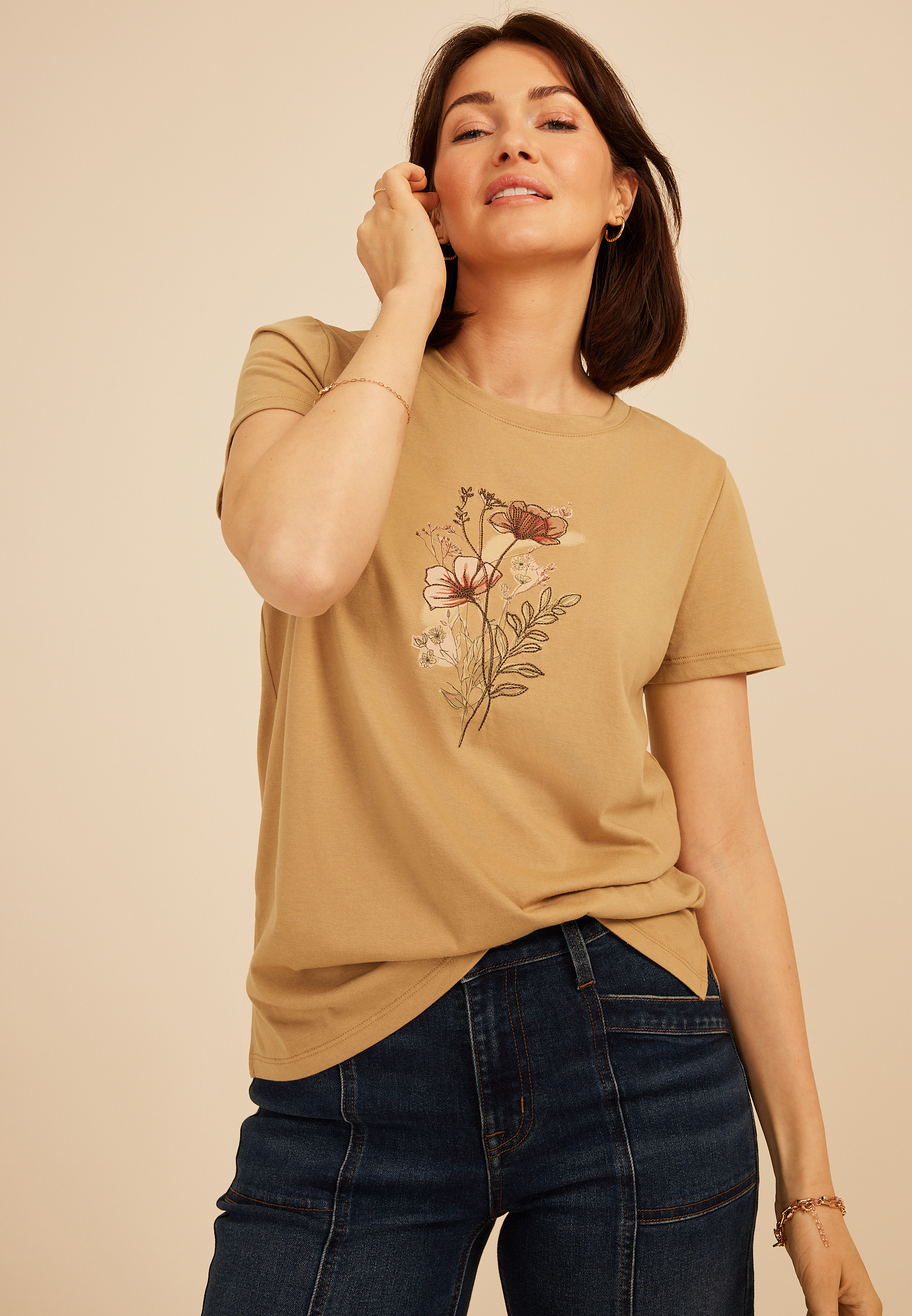 Painterly Floral Embroidered Classic Fit Graphic Tee, C9241, large