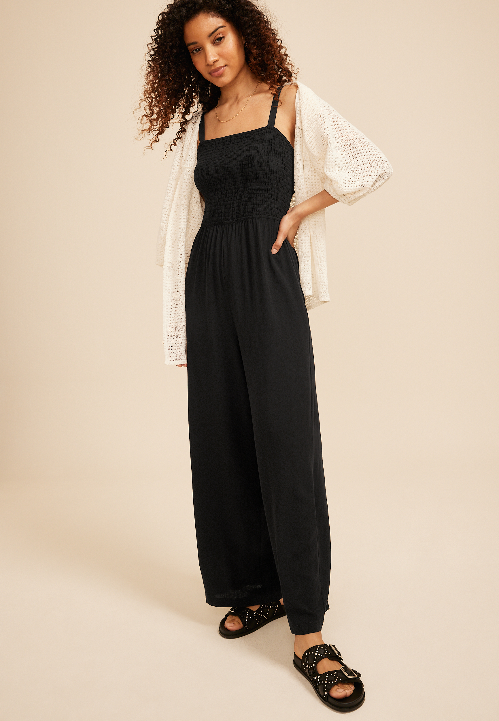 Bare Crossed Back Smocked Wide Leg Jumpsuit