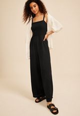 Bare Crossed Back Smocked Wide Leg Jumpsuit, C106, small