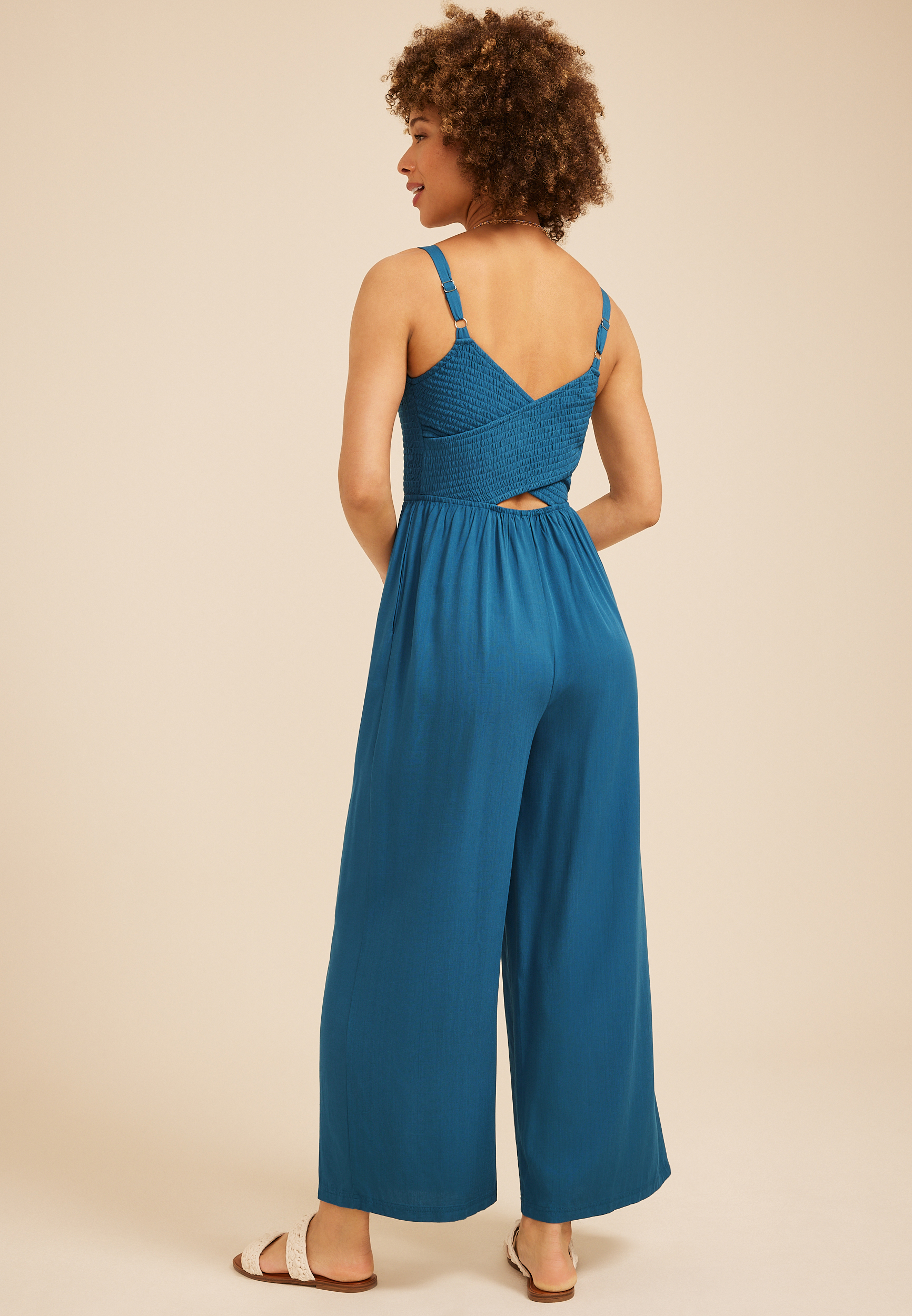 Bare Crossed Back Smocked Wide Leg Jumpsuit - thumbnail 6