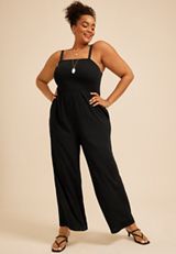 Plus Size Bare Crossed Back Smocked Wide Leg Jumpsuit, C106, small