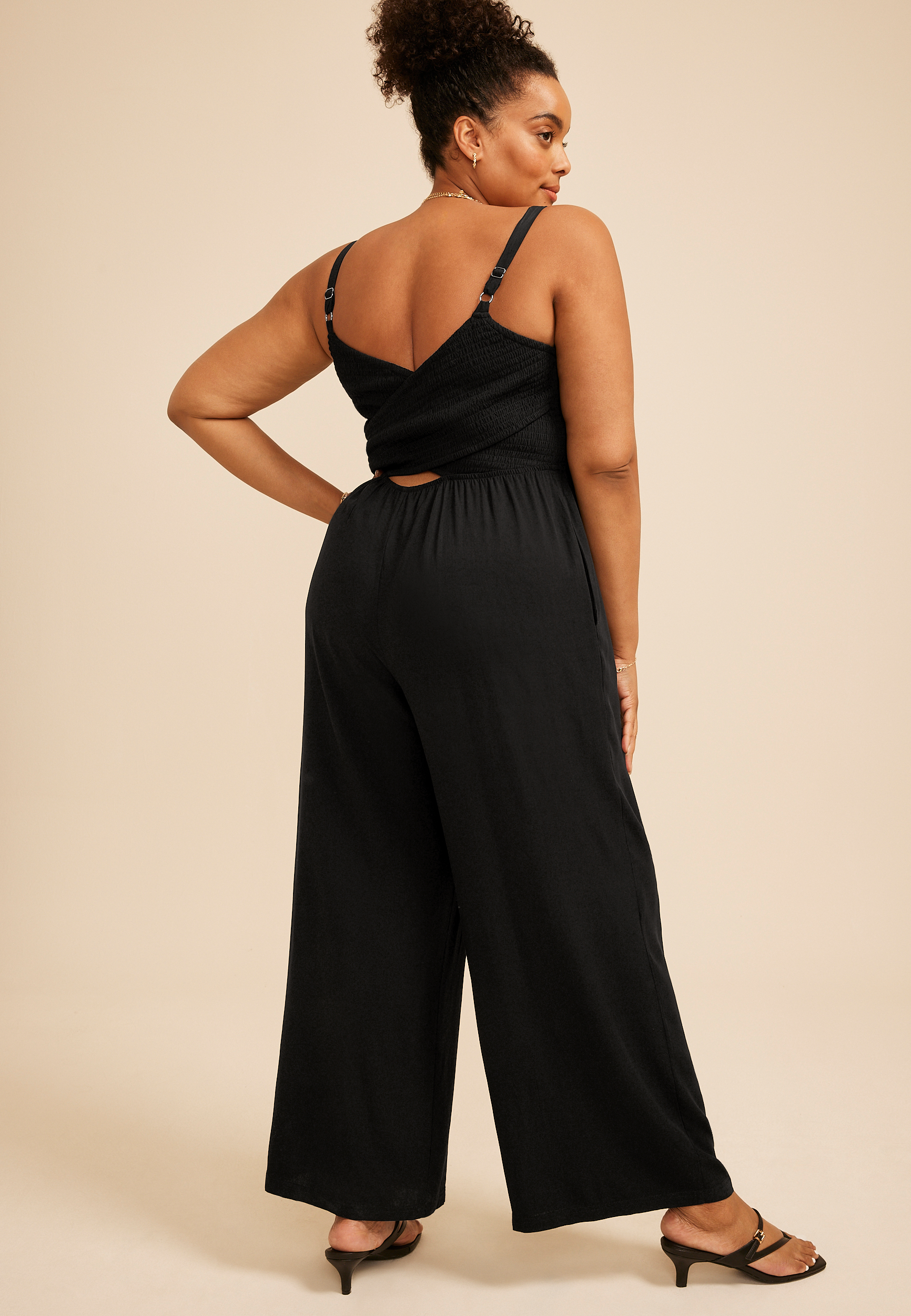Plus Size Bare Crossed Back Smocked Wide Leg Jumpsuit, C106, large