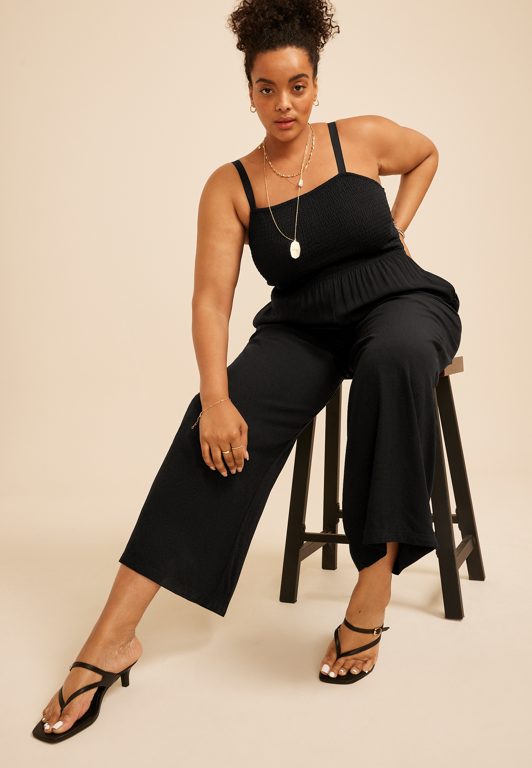 Plus Size Bare Crossed Back Smocked Wide Leg Jumpsuit, C106, large
