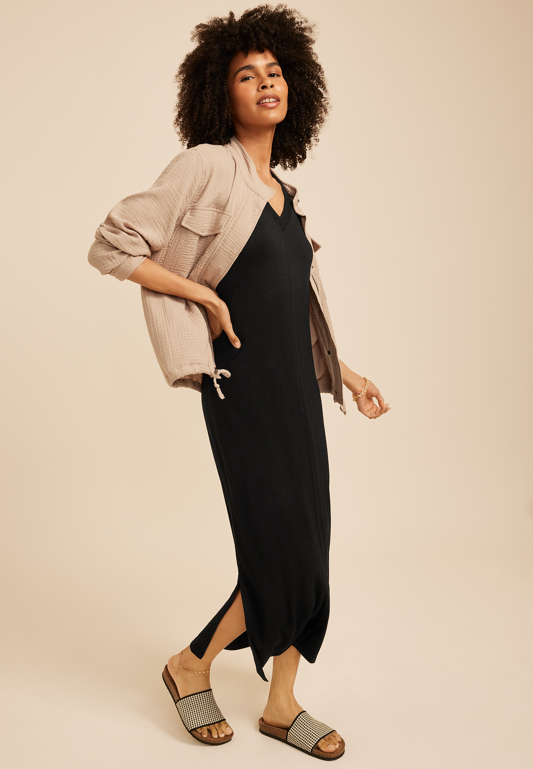 Bare V Neck Front Seam Midi Dress