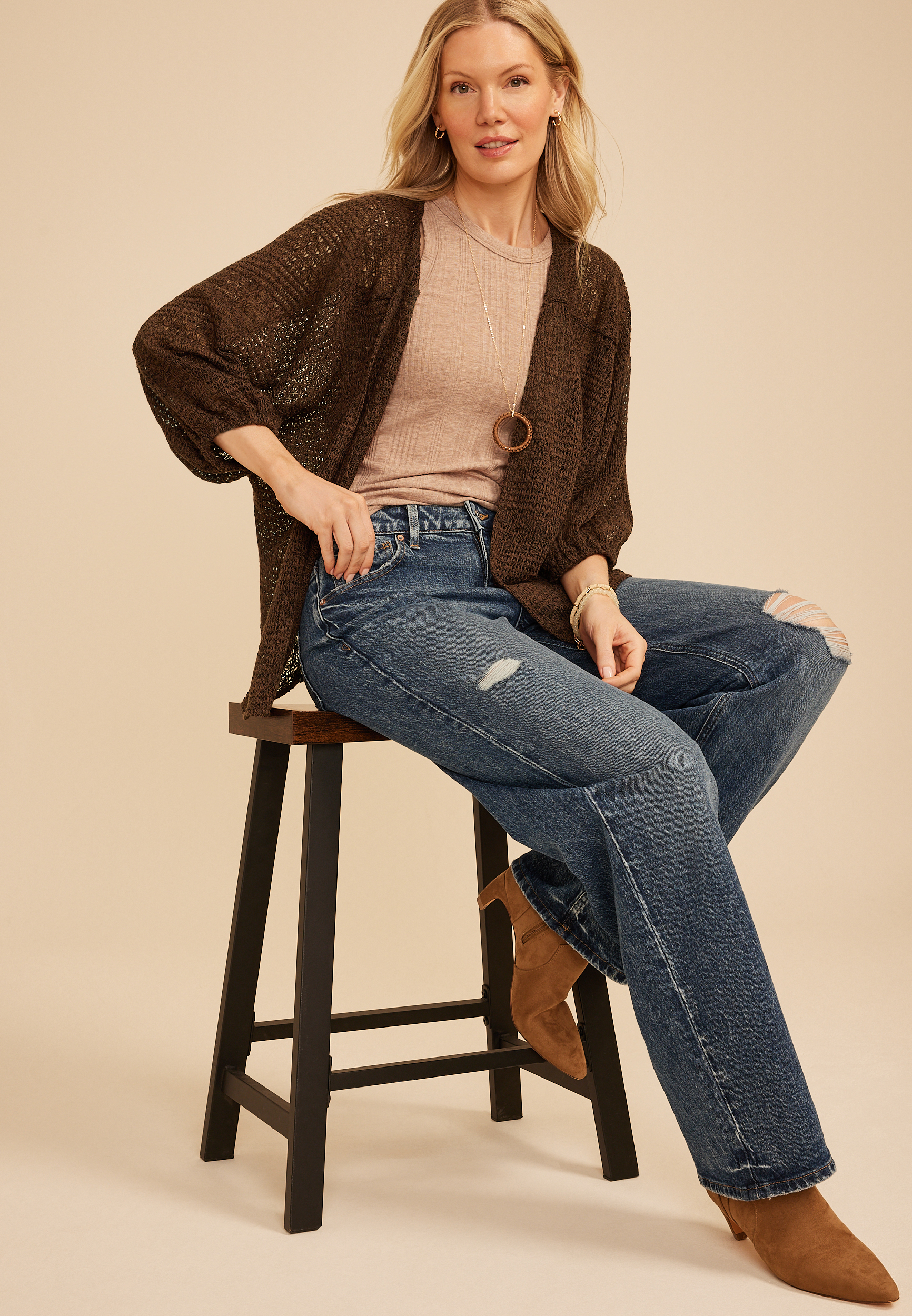 Blouson Sleeve Cardi, COFFEE BEAN, large