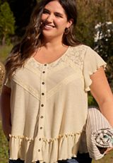 Lace Trim Button Front Top, C3162, small