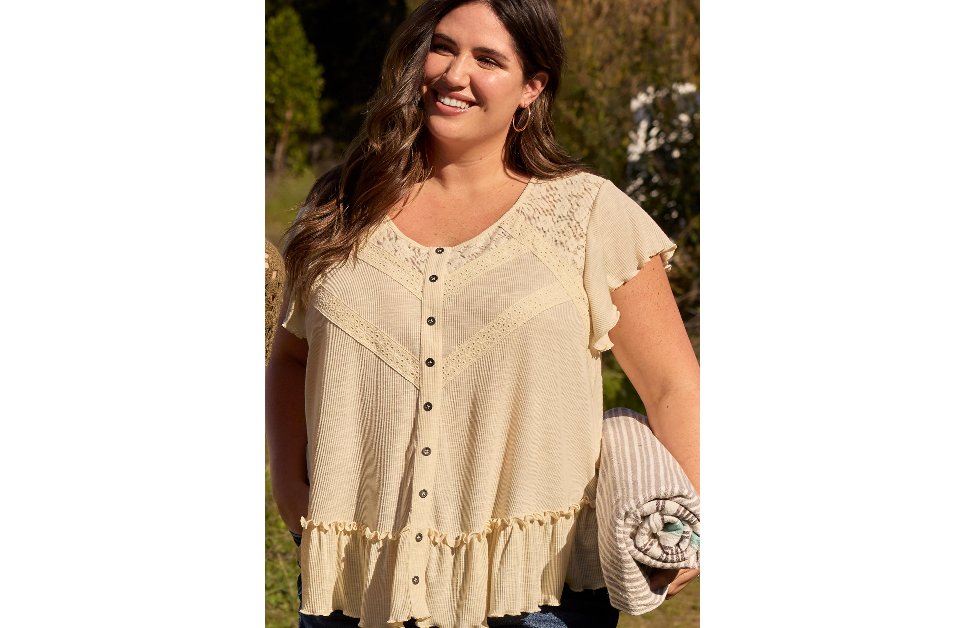 Lace Trim Button Front Top