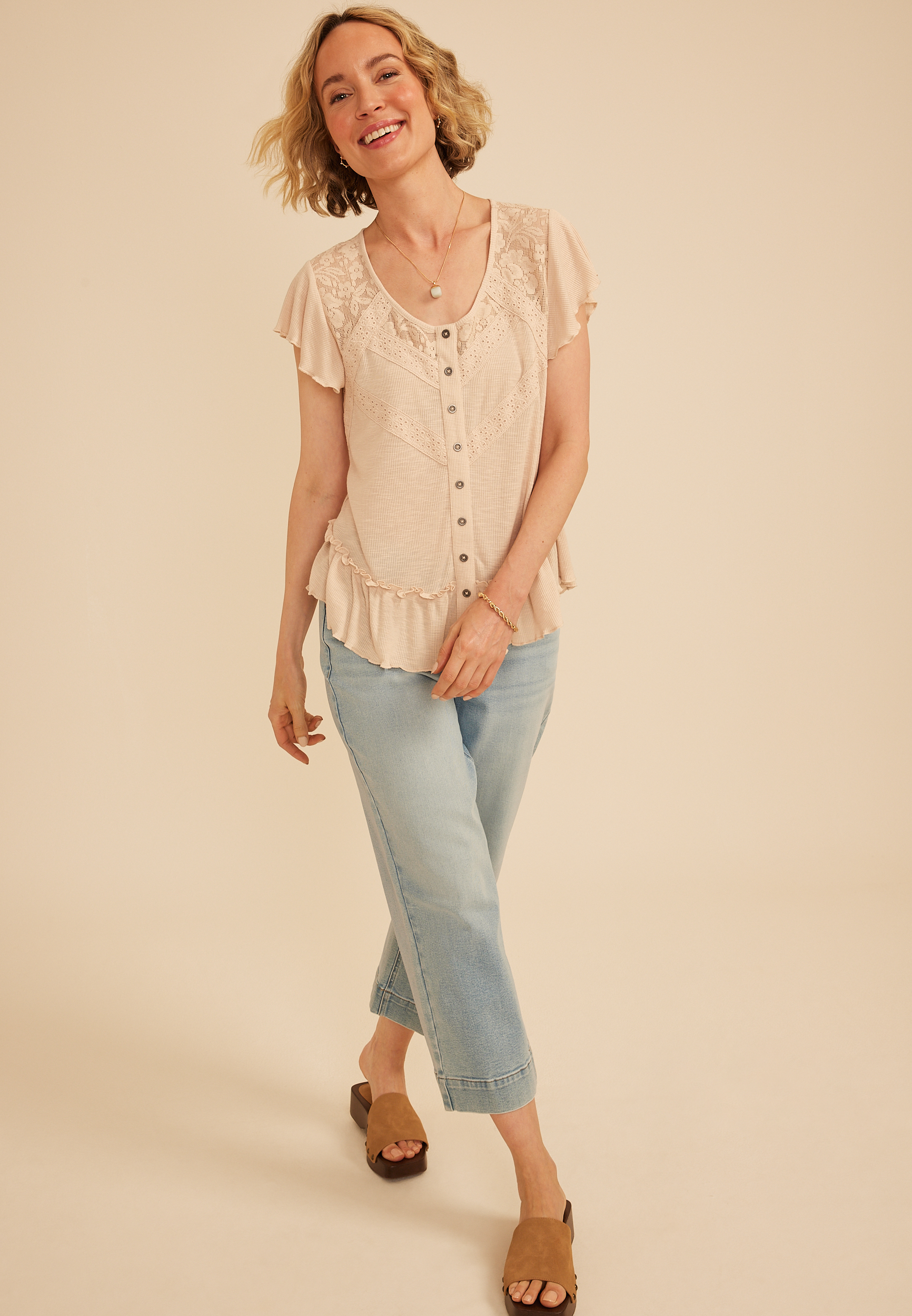 Lace Trim Button Front Top, C3162, large