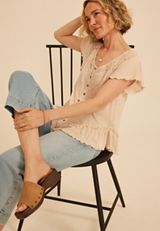 Lace Trim Button Front Top, C3162, small