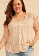Plus Size Lace Trim Button Front Top, C3162, small