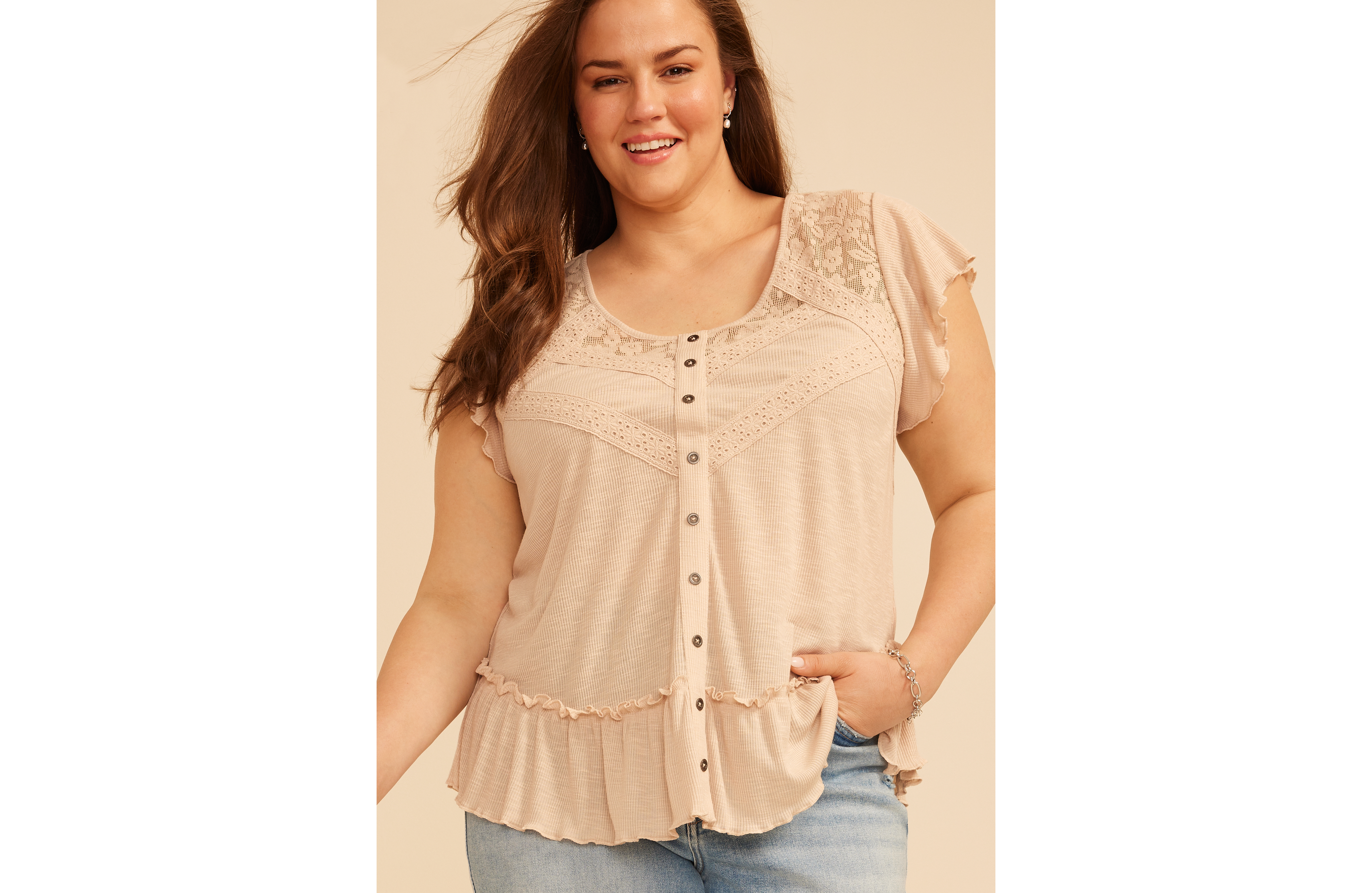 Plus Lace Trim Button Front Top