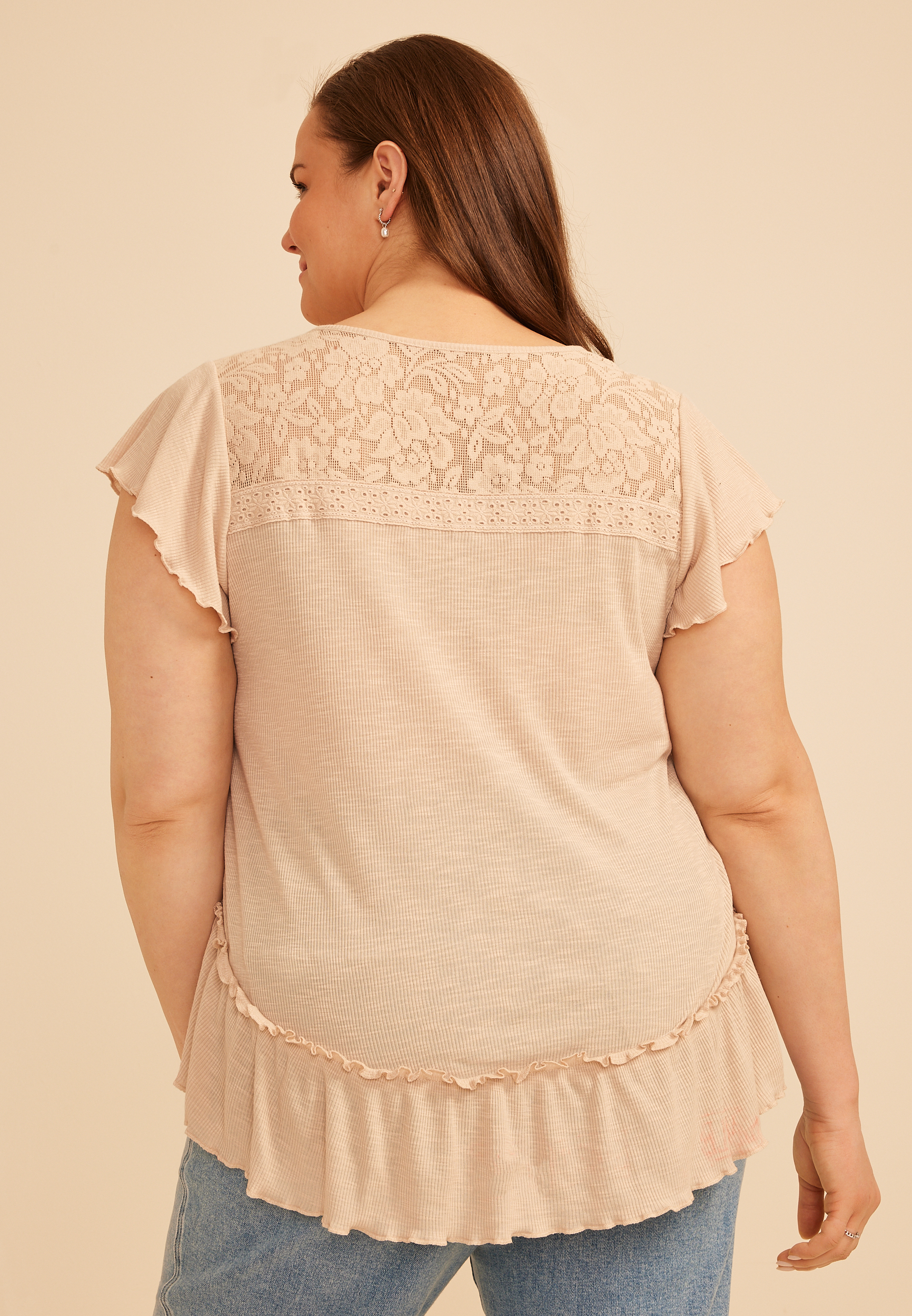 Plus Size Lace Trim Button Front Top, C3162, large