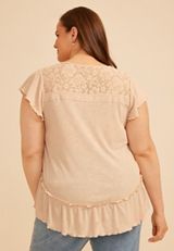 Plus Size Lace Trim Button Front Top, C3162, small
