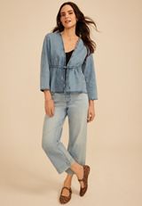 Chambray Tie Front Cardigan, C1187, small