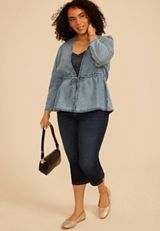 Plus Size Chambray Tie Front Cardigan, C1187, small