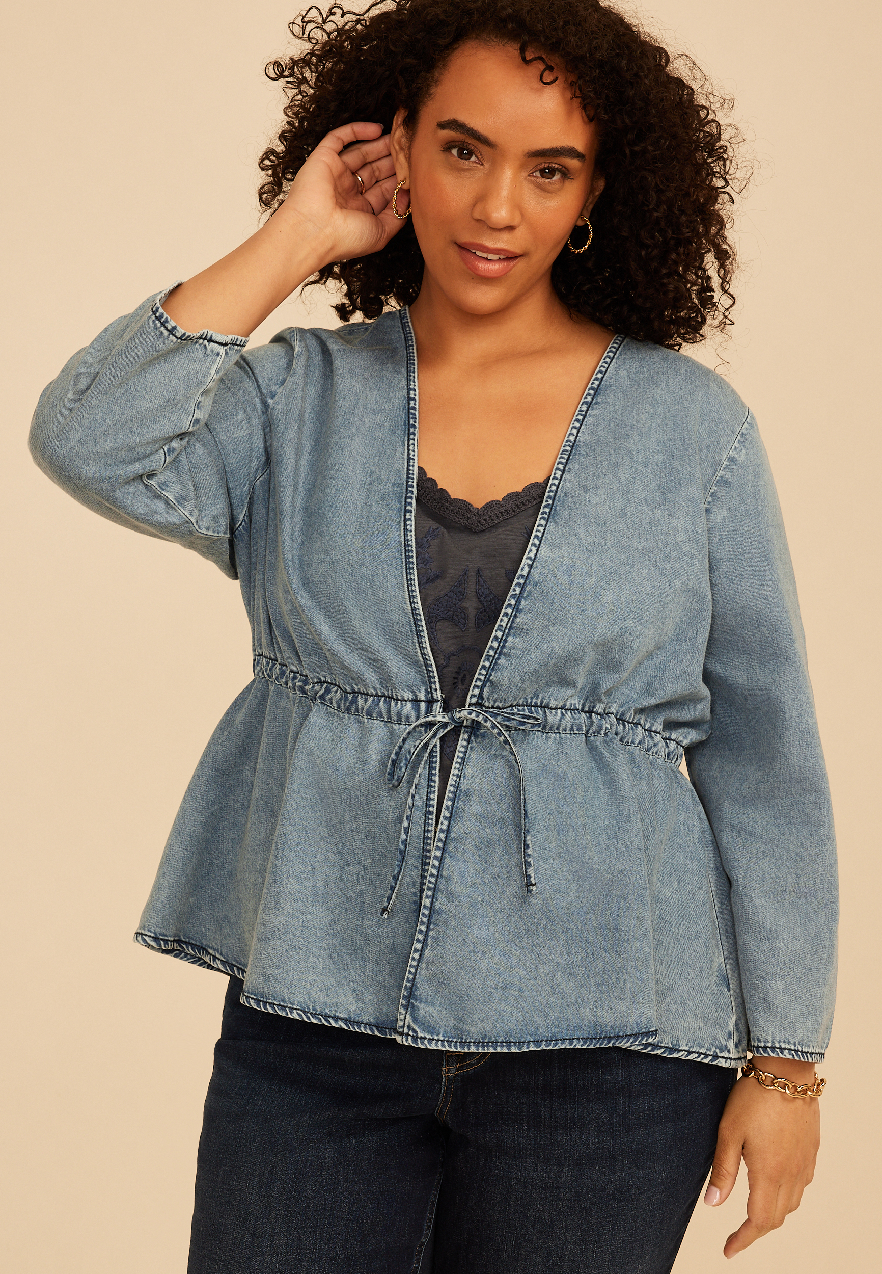 Plus Size Chambray Tie Front Cardigan, C1187, large