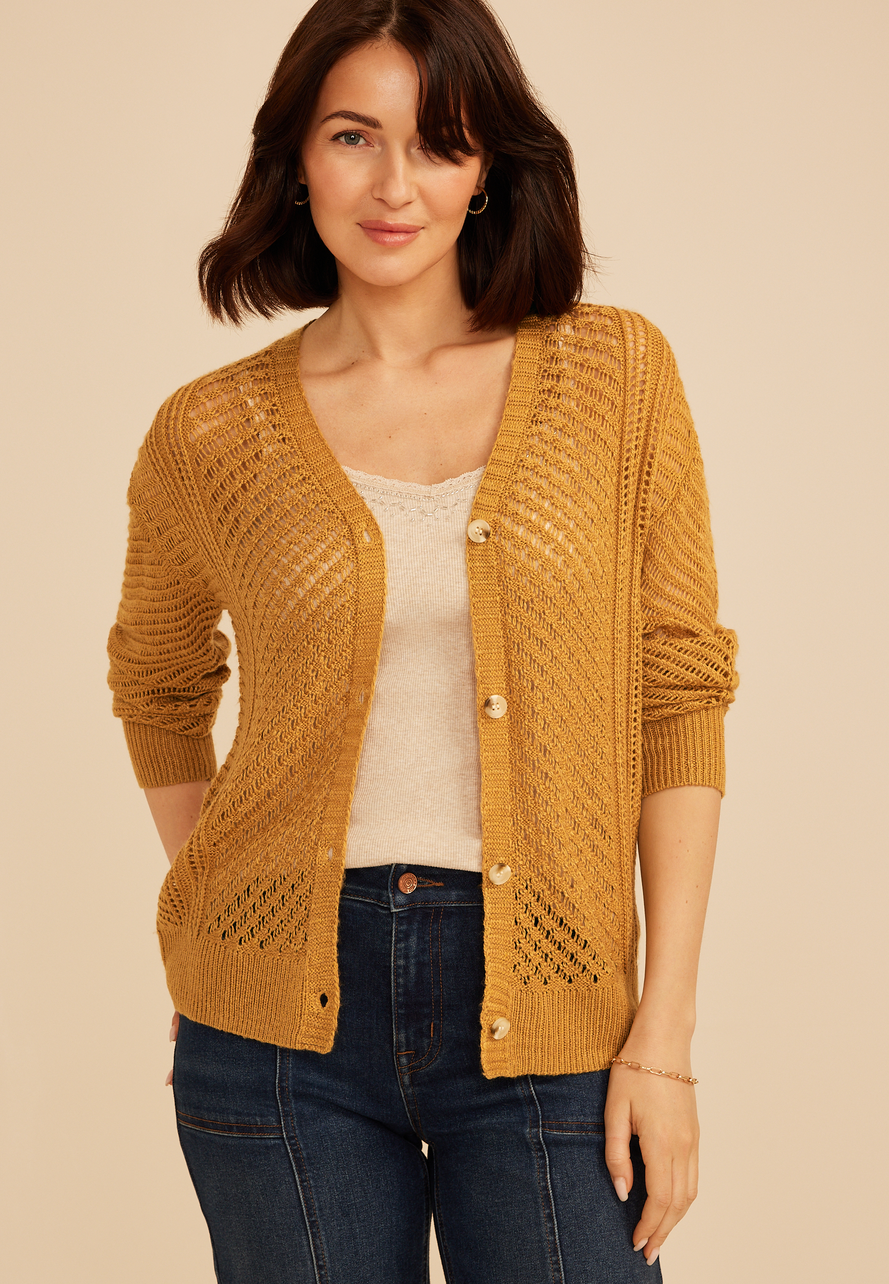 Pointelle Button Front Cardigan, C3127, large