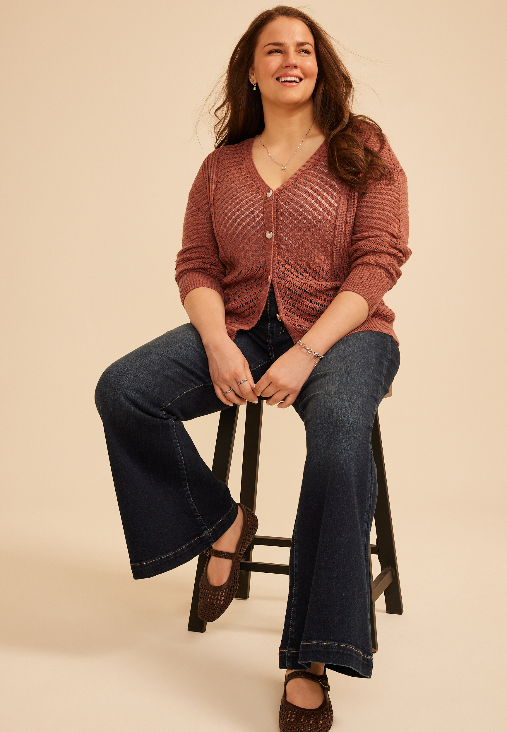 Plus Size Pointelle Button Front Cardigan, C6935, large