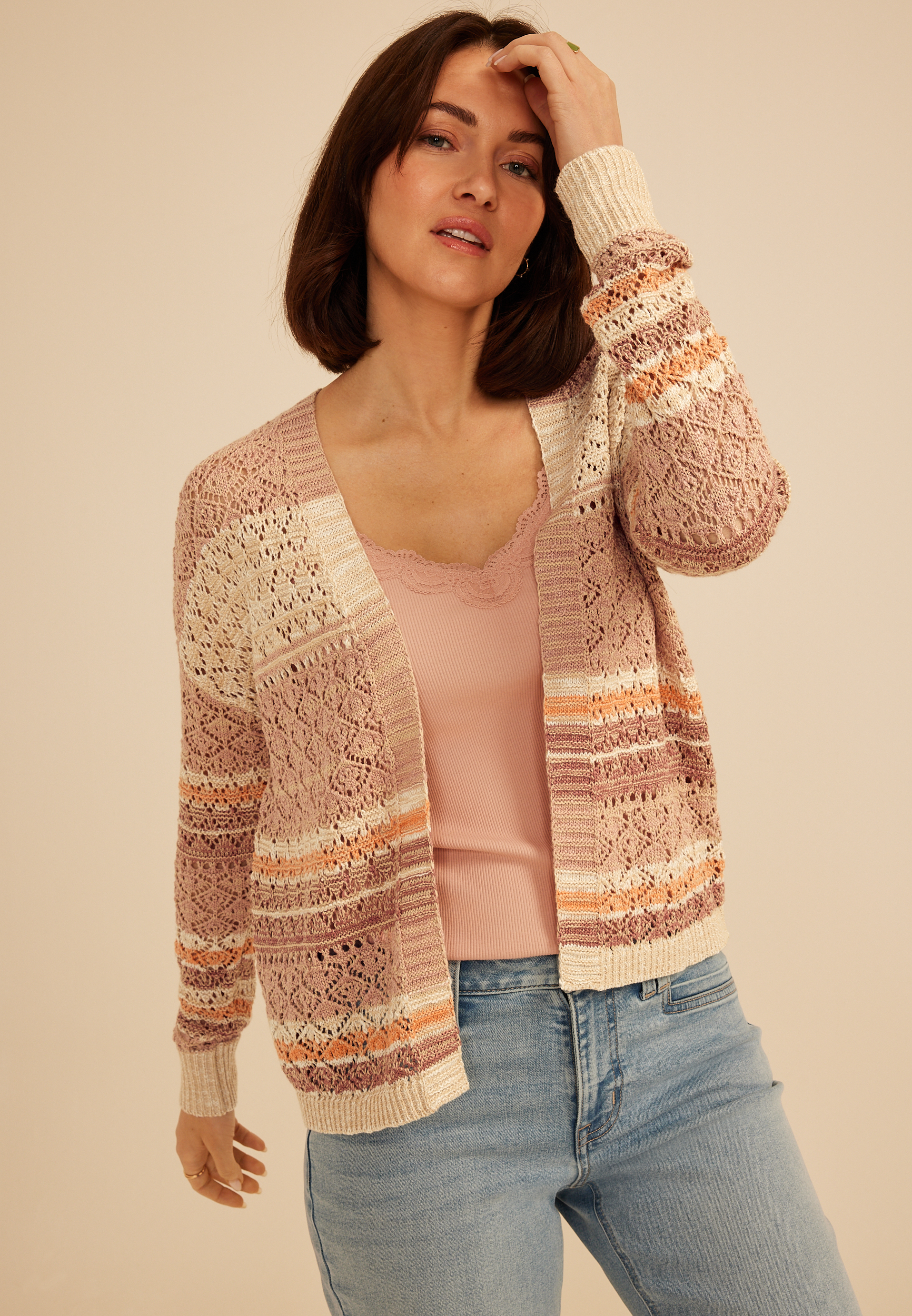 Pointelle Marled Stripe Open Front Cardigan | maurices