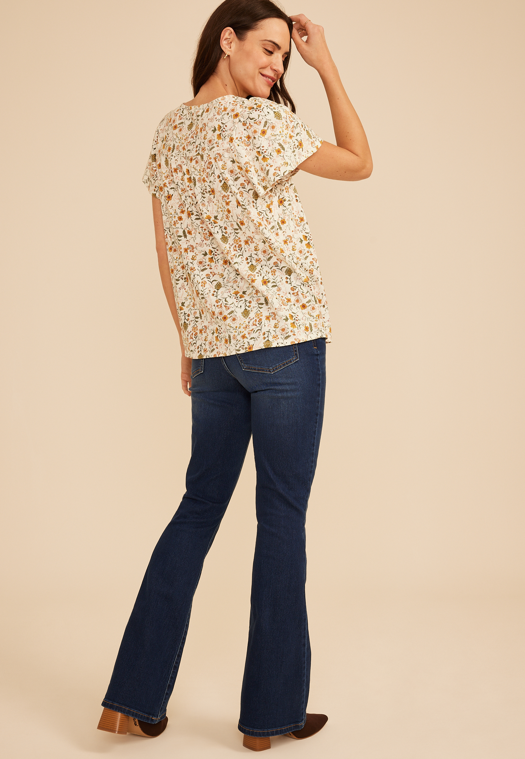 Floral Ruffle Trim Henley Top, C5487, large