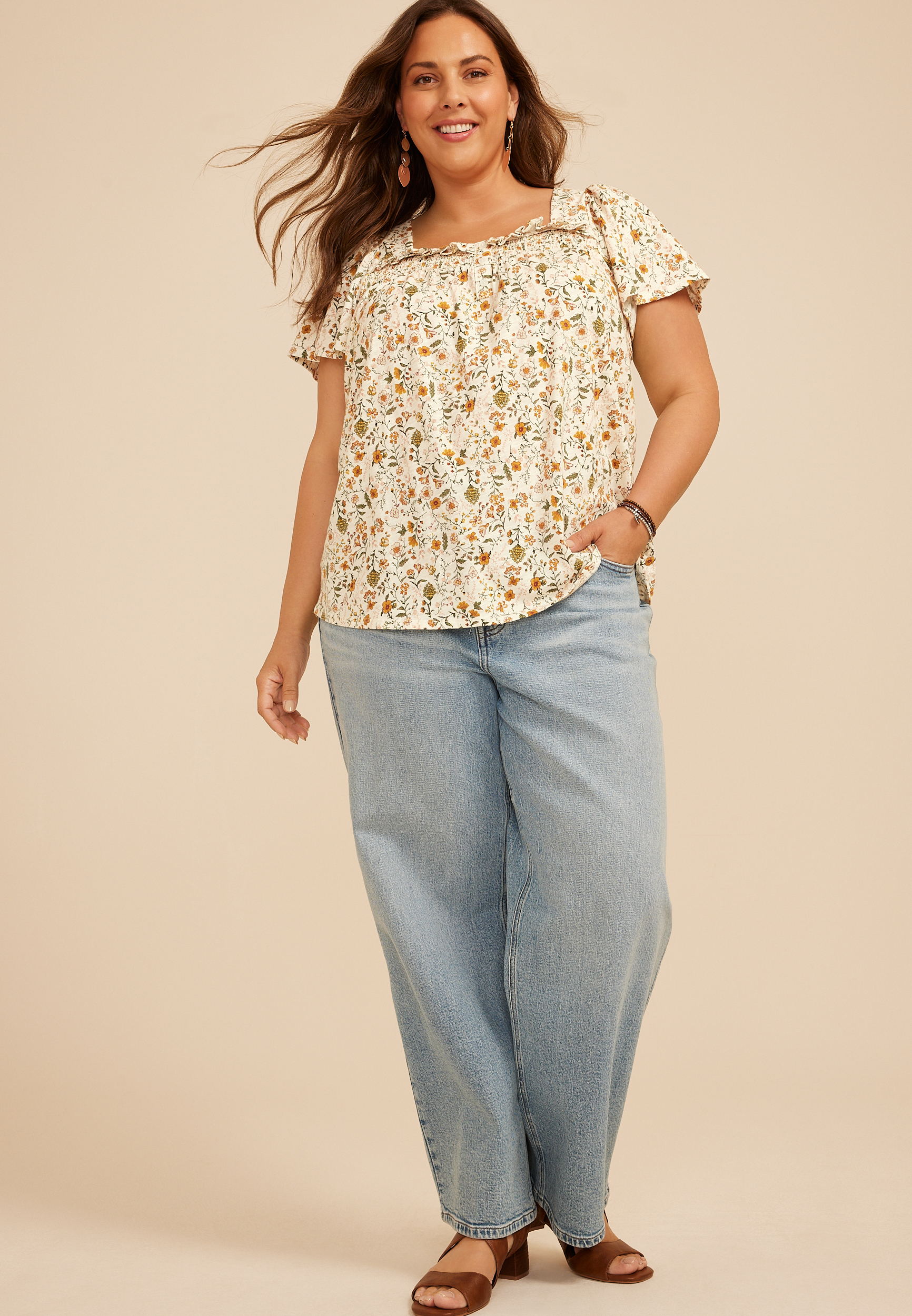 Plus Size Floral Ruffle Trim Henley Top, C5487, large