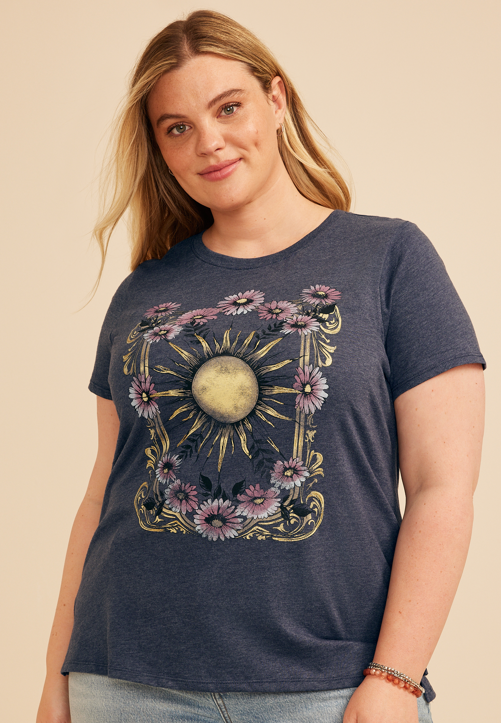 Plus Size Floral Sun Classic Fit Graphic Tee, C1605, large