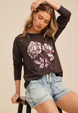 Floral Rose Long Sleeve Graphic Tee, BLACK, small