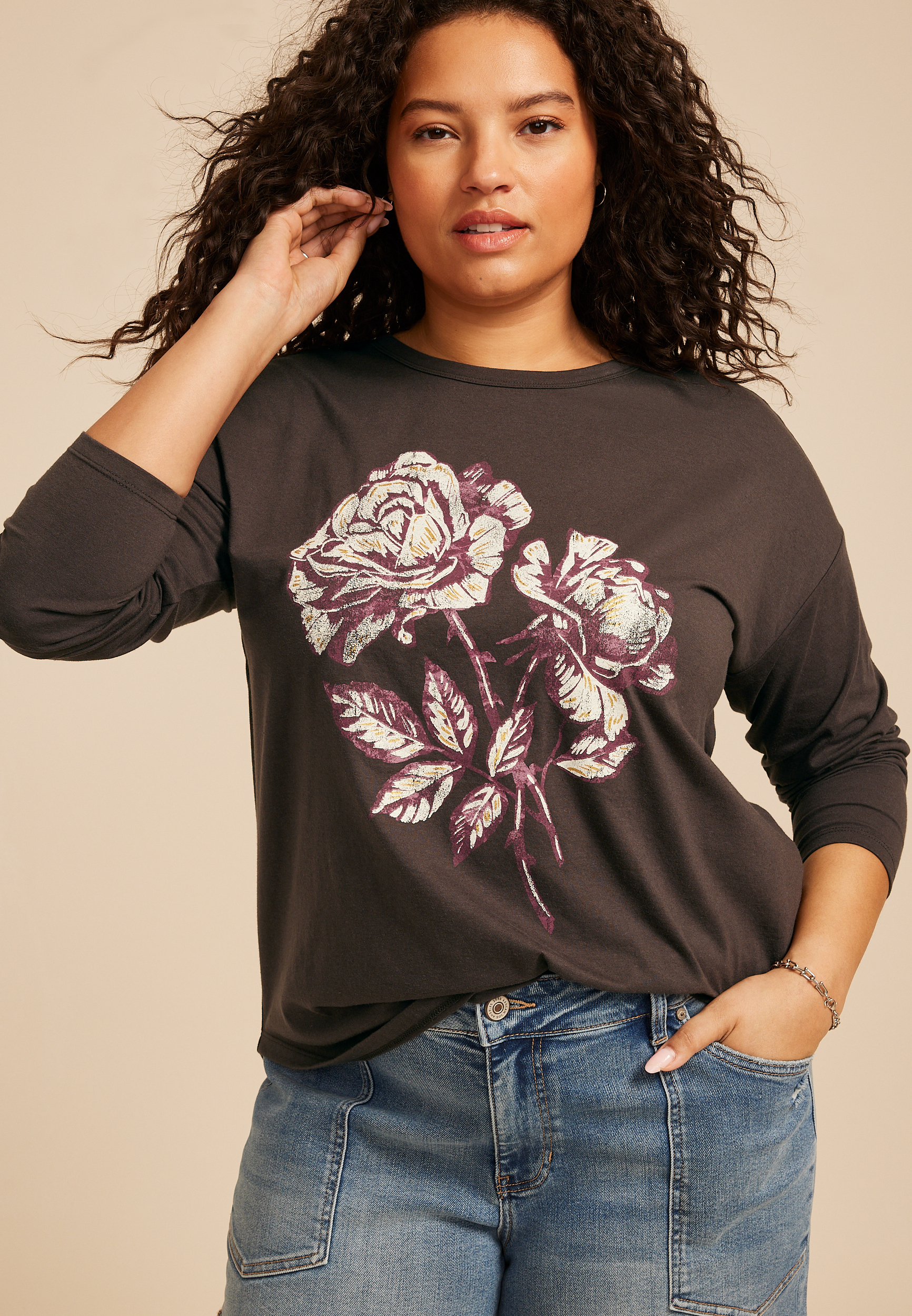 Plus Size Floral Rose Long Sleeve Graphic Tee