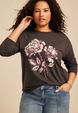 Plus Size Floral Rose Long Sleeve Graphic Tee, C106, small