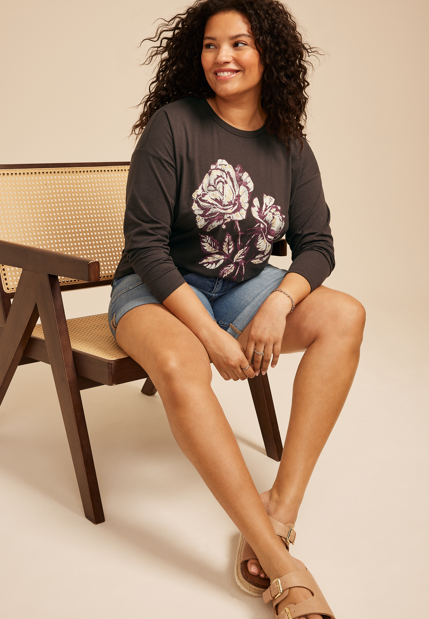 Plus Size Floral Rose Long Sleeve Graphic Tee, C106, large