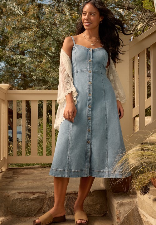 denim midi dresses for women Warren Dress in Dark Wash the Janelle Midi pairs equally well with ankle boots Steele Puff Sleeve Midi Dress