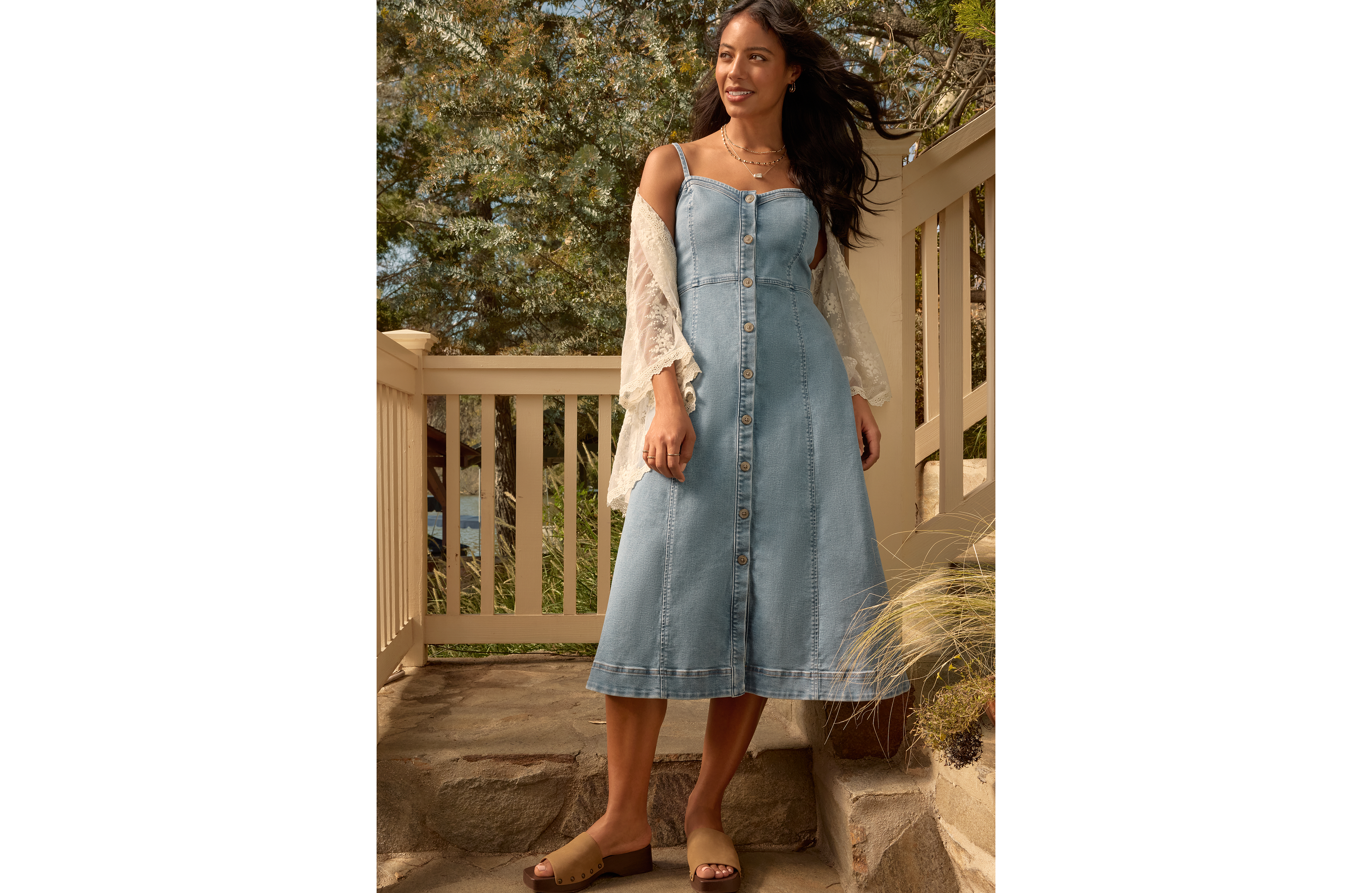 Bare Button Front Denim Midi Dress