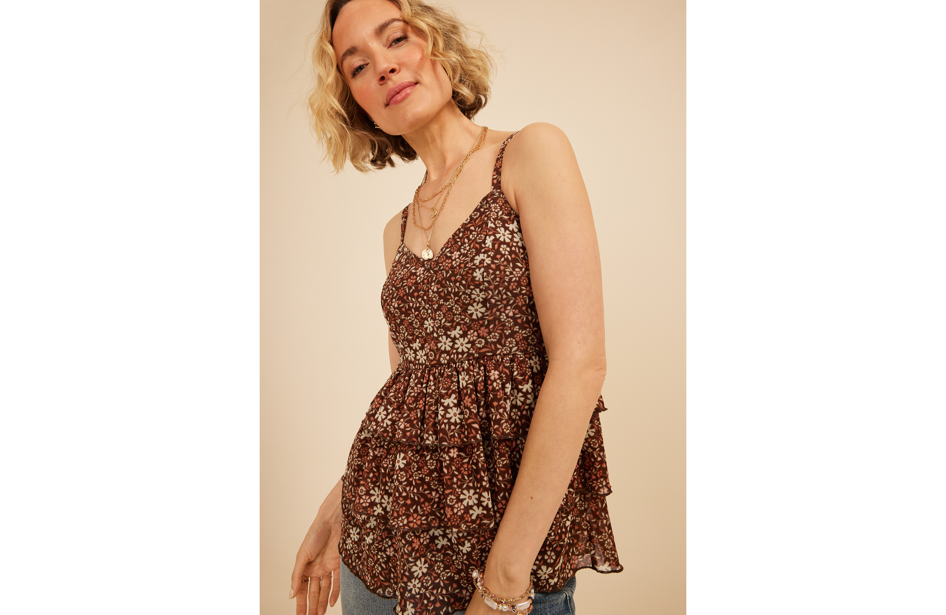 Floral Mesh Tiered Ruffle Cami