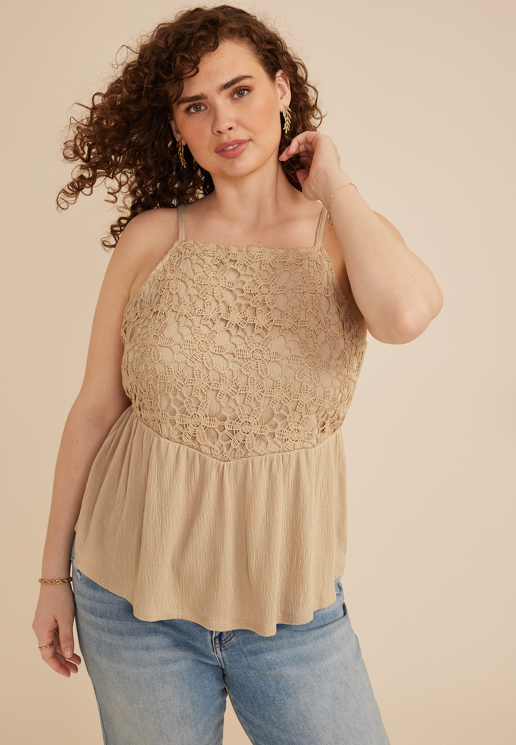 Plus Size Eyelet Bodice Peplum Tank Top
