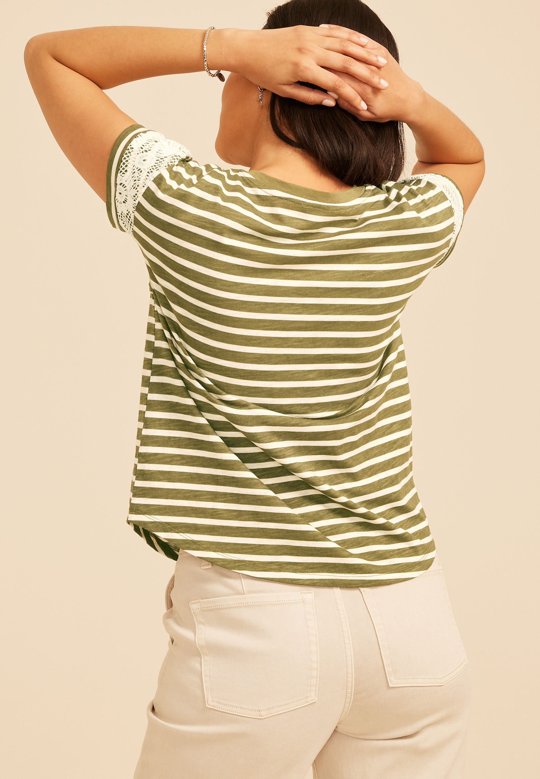 Striped Lace Sleeve Crew Neck Tee, C3145, large