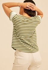 Striped Lace Sleeve Crew Neck Tee, C3145, small