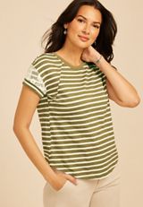 Striped Lace Sleeve Crew Neck Tee, C3145, small