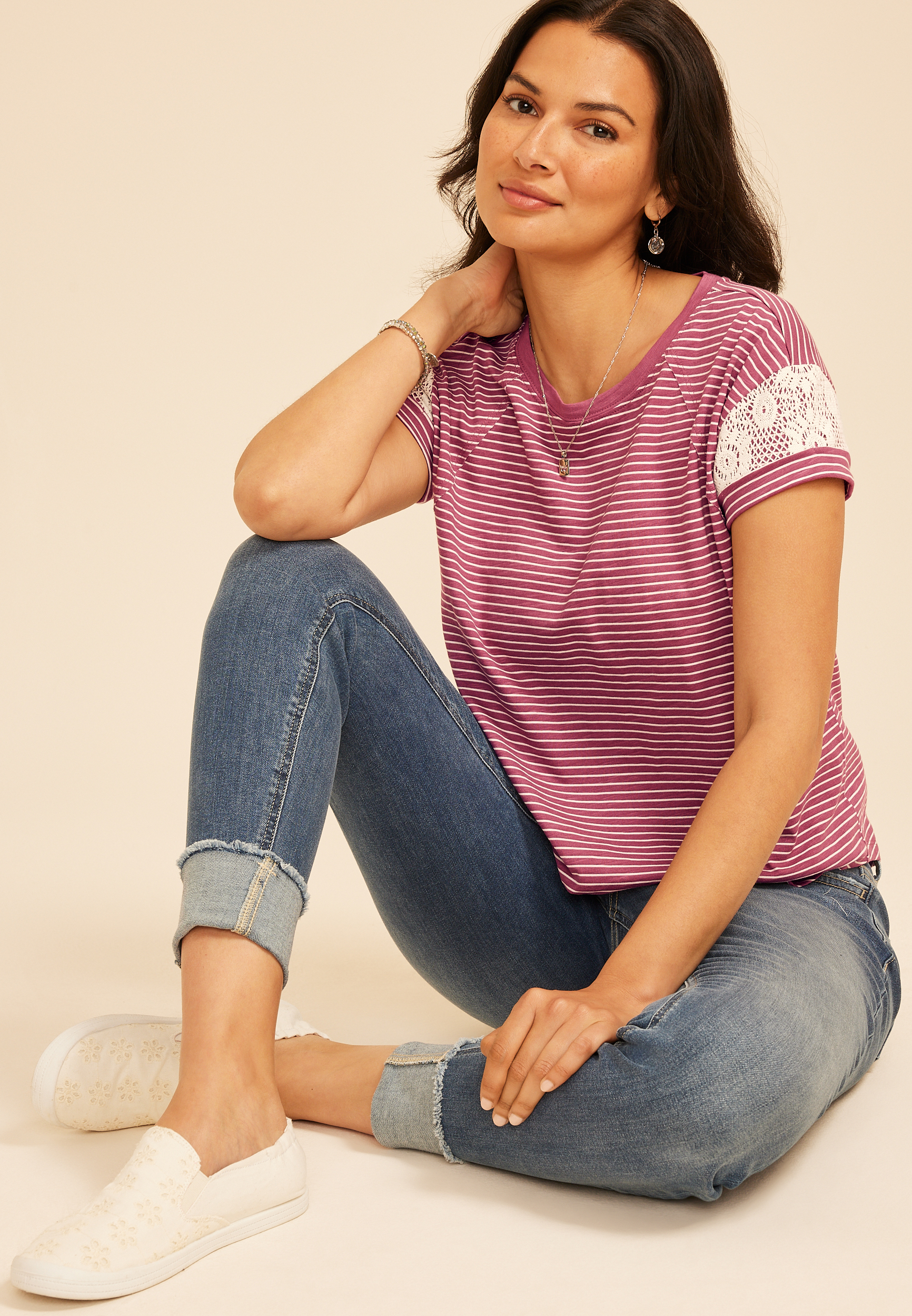 Striped Lace Sleeve Crew Neck Tee