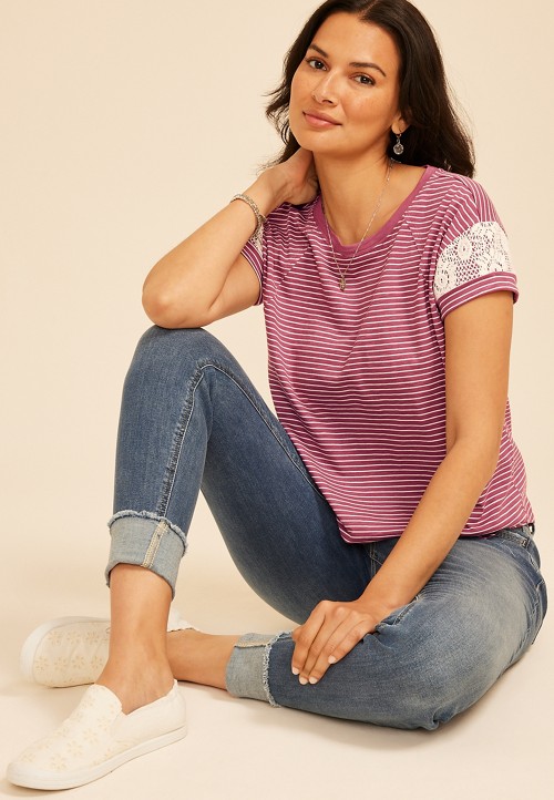 Striped Lace Sleeve Crew Neck Tee | maurices