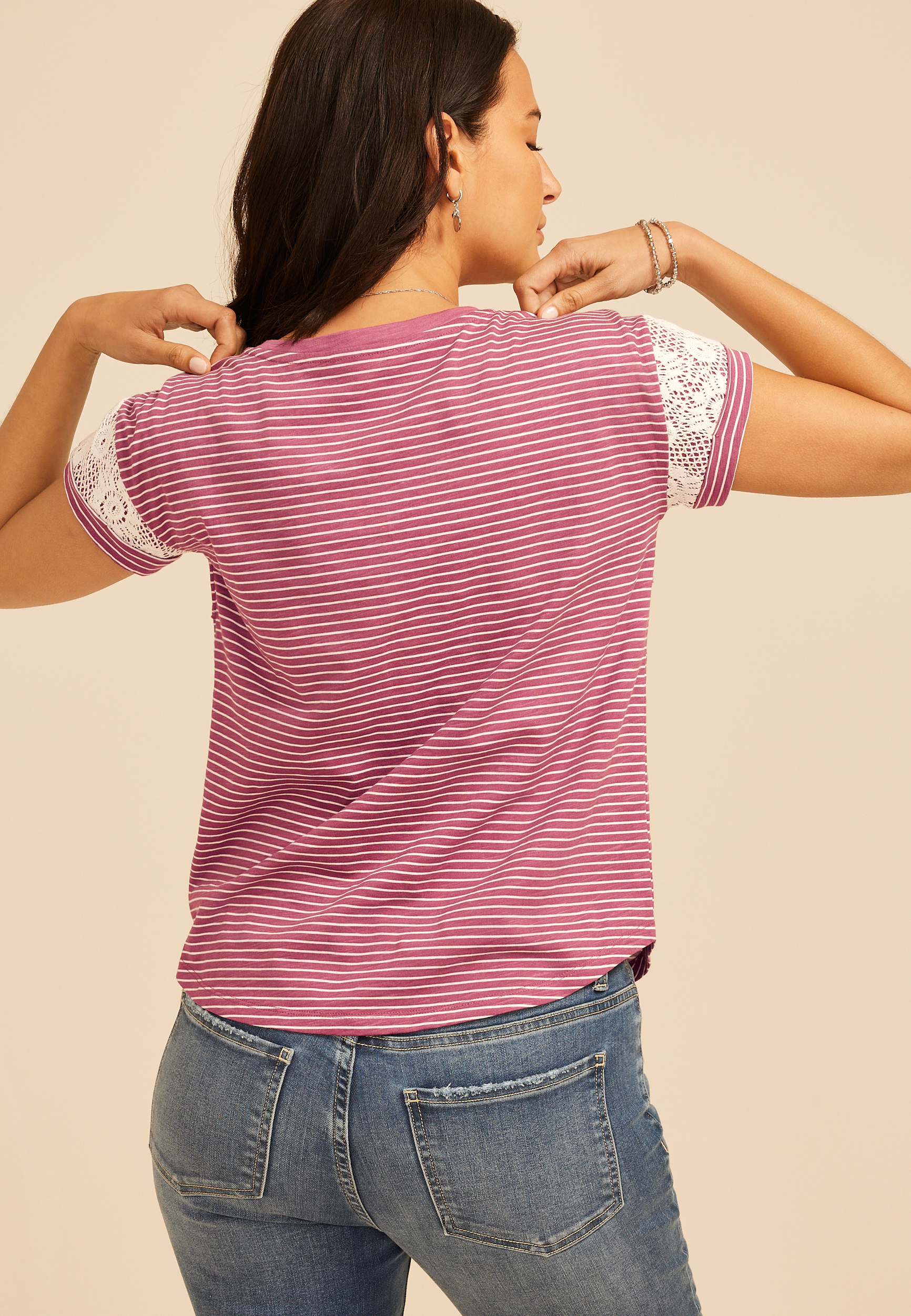 Striped Lace Sleeve Crew Neck Tee | maurices