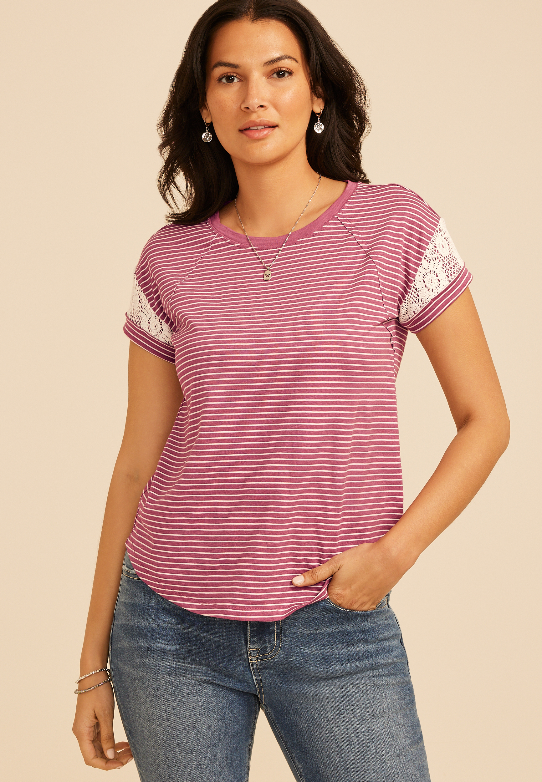 Striped Lace Sleeve Crew Neck Tee | maurices